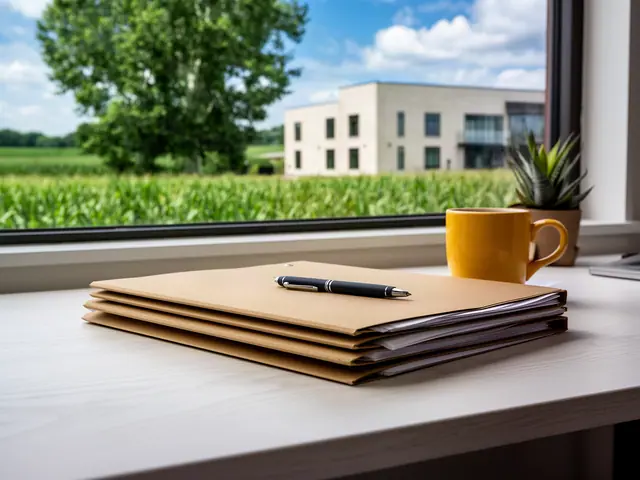 Stack of closed kraft folders with a pen on a desk by a window onto cornfields and a modern building