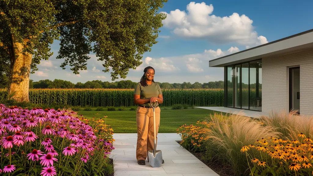 Smiling landscape designer with a spade on a limestone path through coneflowers and grasses beside a modern house